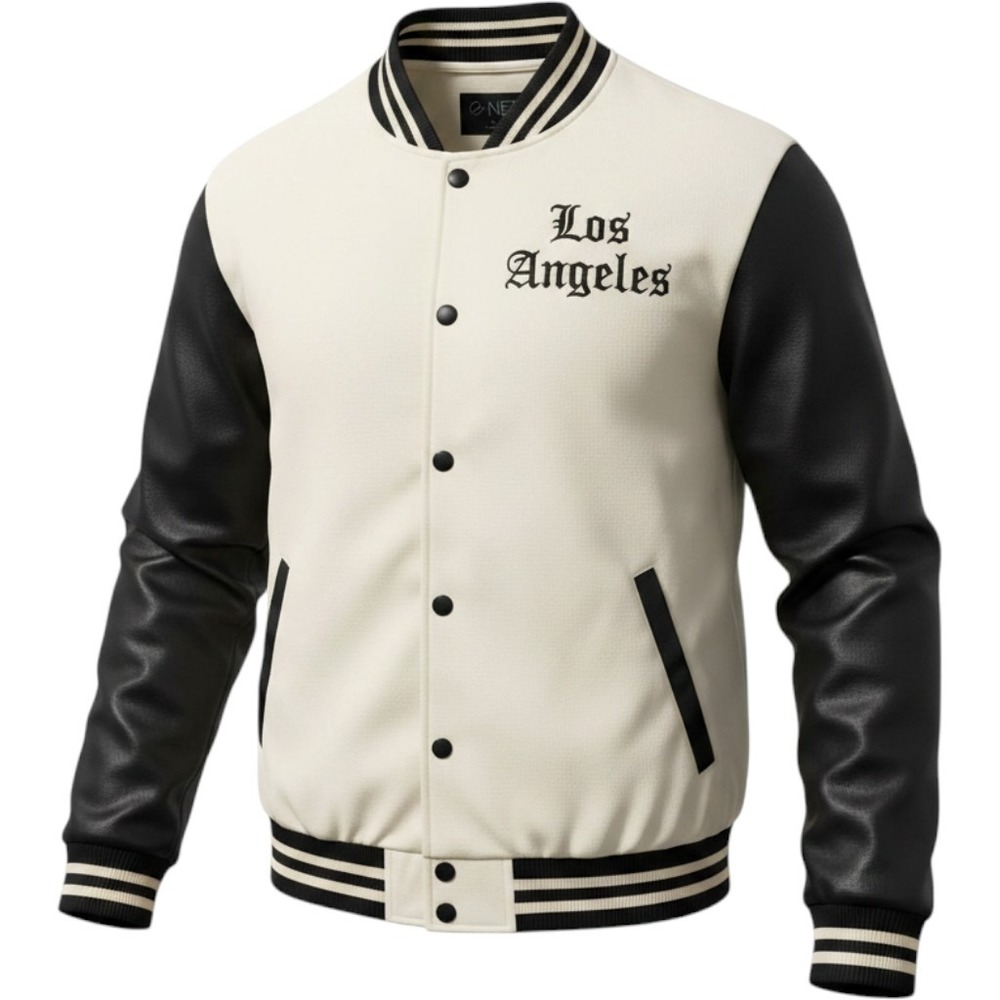 G-NET Varsity Jacket Faux Leather Los Angeles LA California Mens L Black Cream